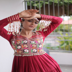 Women's Kutchi Gamthi Embroidered Navratri Gown with Mirror Work